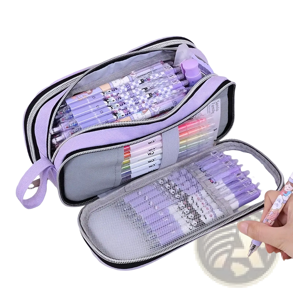 Large capacity lilac pencil case with black zipper trim and mesh compartments organizing pens and markers