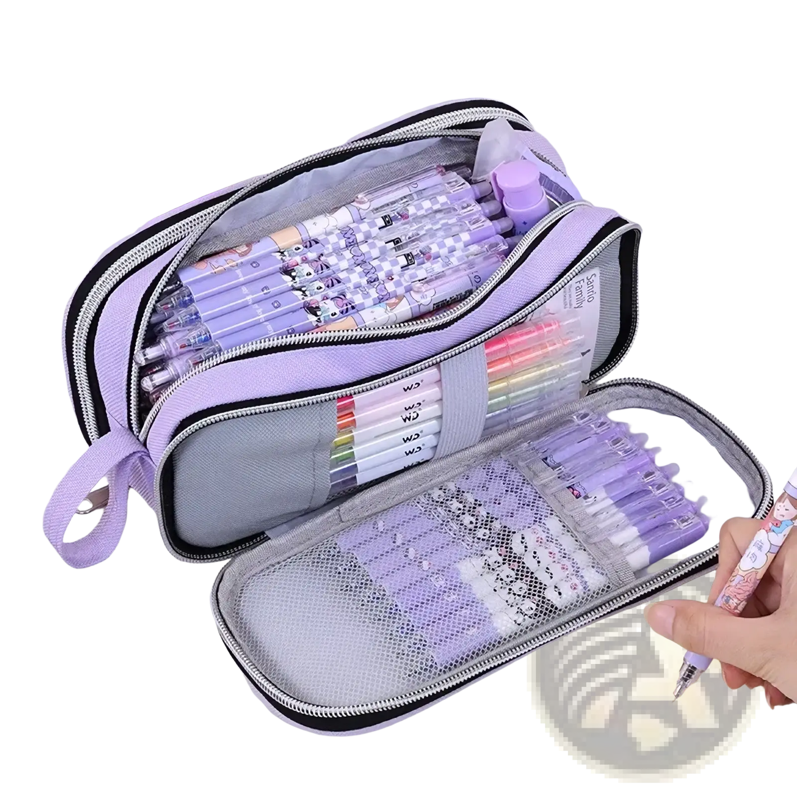 Large capacity lilac pencil case with black zipper trim and mesh compartments organizing pens and markers