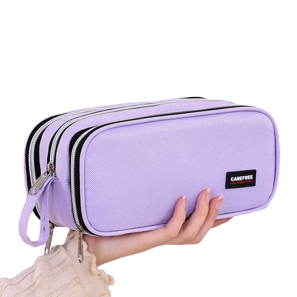 Large capacity lilac textured fabric pencil case with black zippers and carefree brand patch for stationery organization