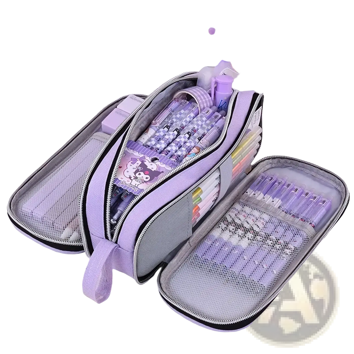 Large capacity lilac pencil case stationery organizer in lavender and gray with multi compartments and mesh lining featuring a cartoon design