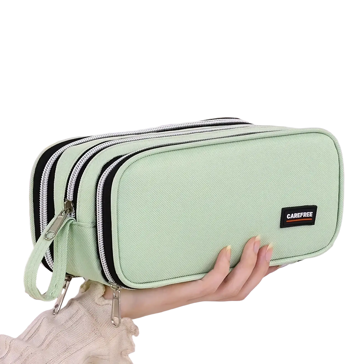 Large capacity lilac pencil case made of mint green textured fabric with black zippers and carefree brand patch