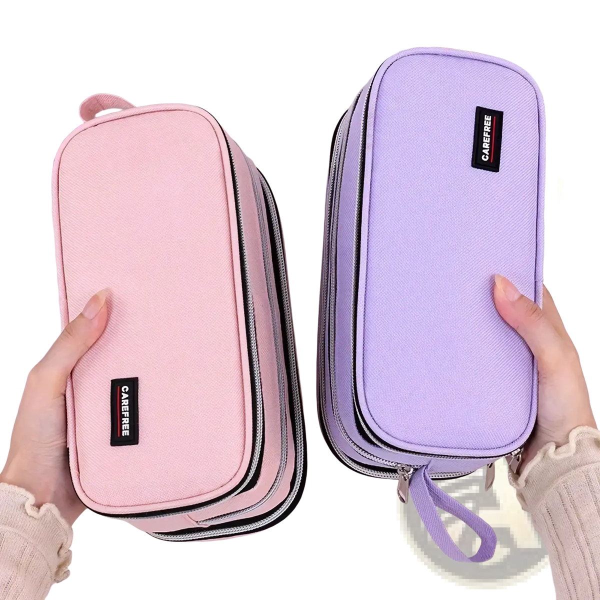 Large capacity lilac pencil case stationery organizer in pastel pink and lavender with black zippers and fabric handles