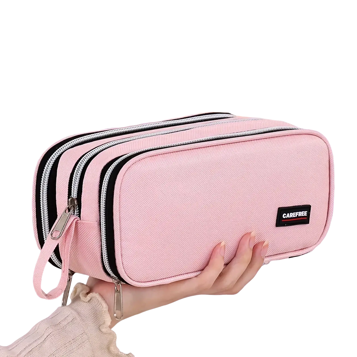 Large capacity lilac fabric pencil case with black zippers and carefree brand label for stationery organization