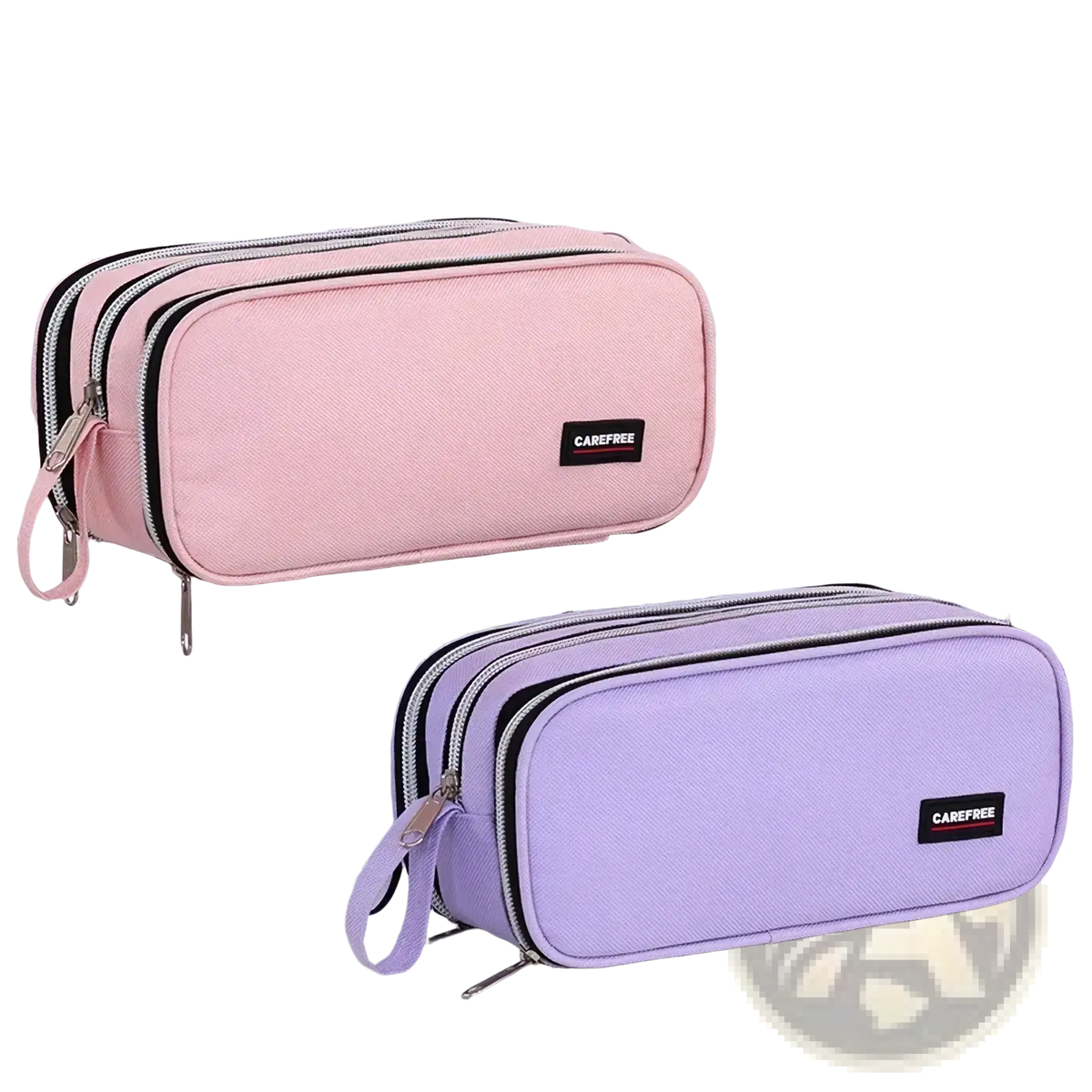 Large capacity lilac pencil case stationery organizer in pink and lavender with dual zippers and carefree brand label