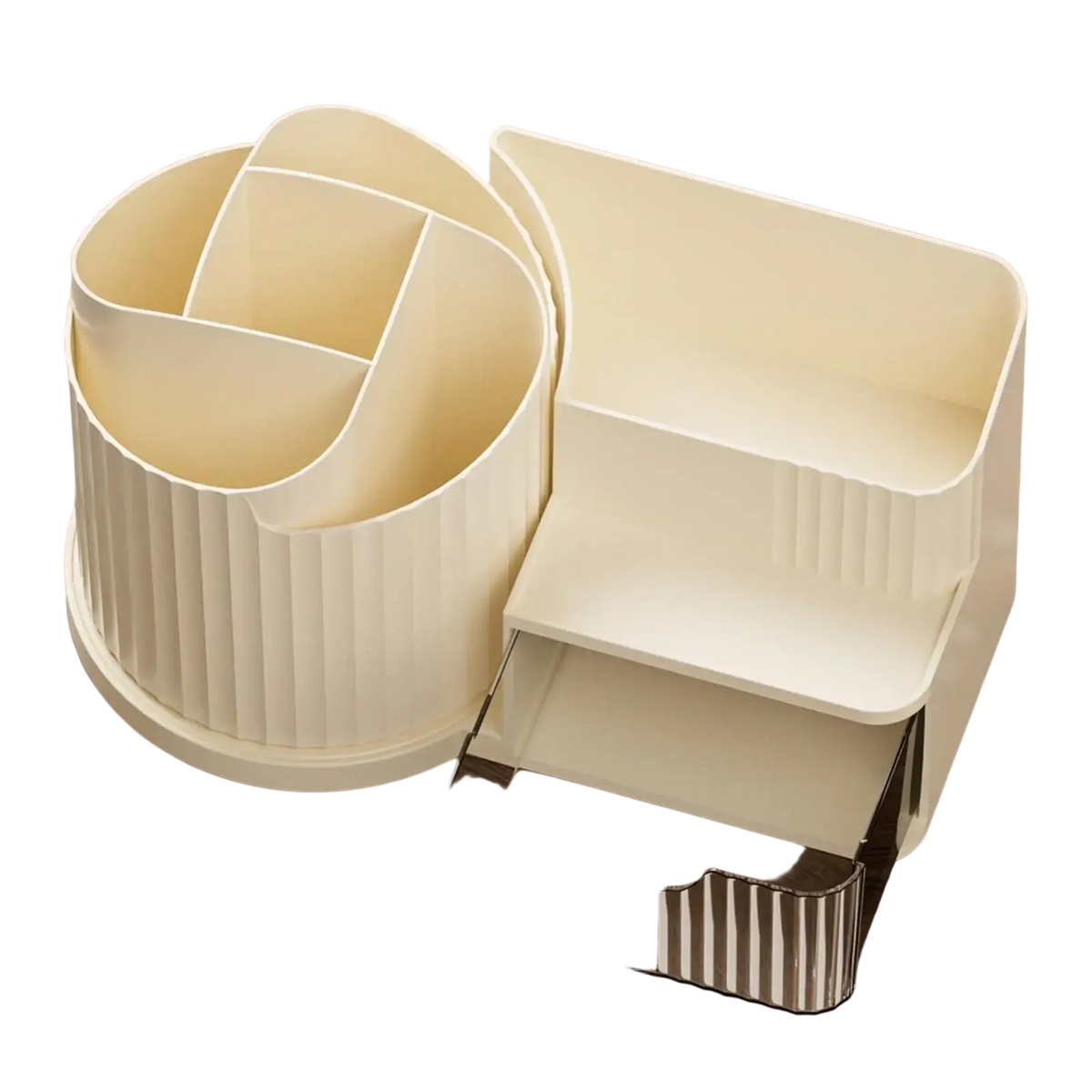 Cream-colored plastic large capacity makeup vanity organizer with circular ribbed compartment and mirrored drawer sides