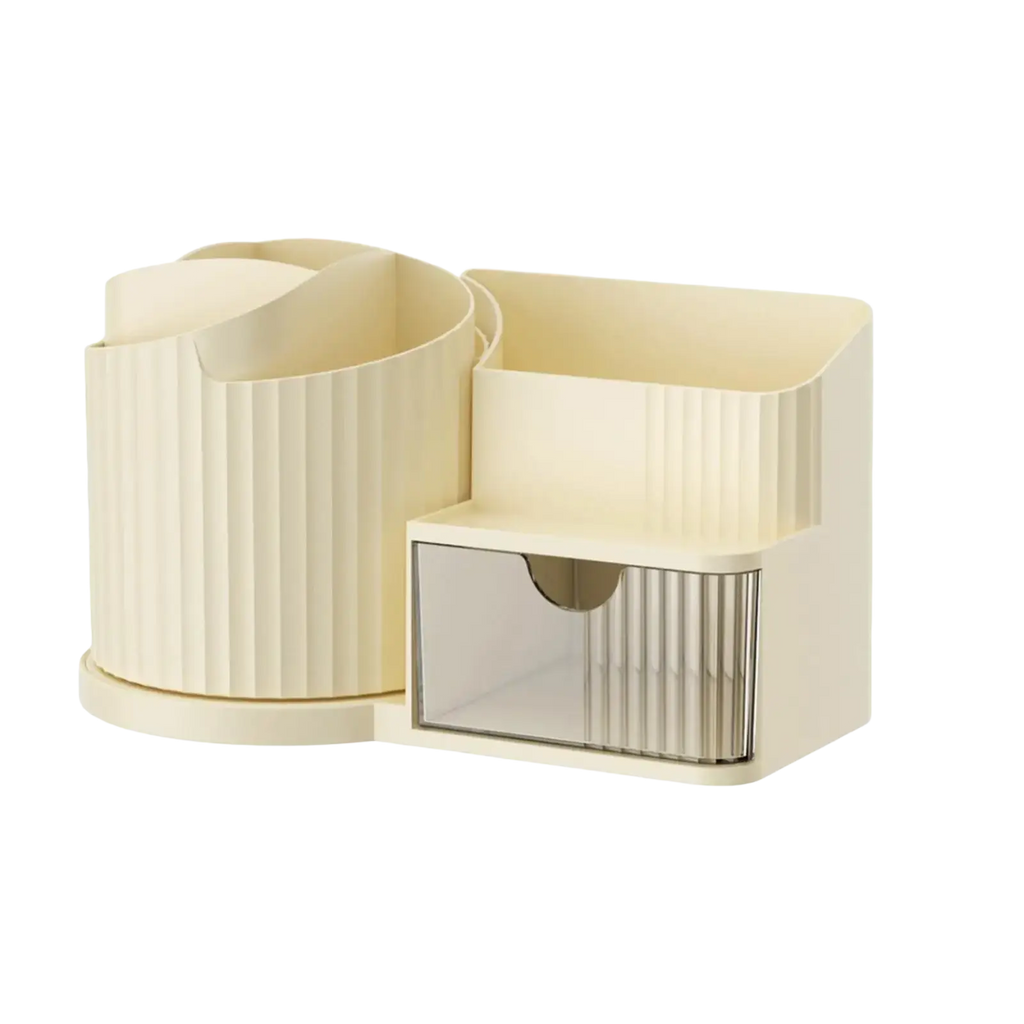 Cream-colored large capacity makeup vanity organizer made of plastic with vertical ridged texture and clear drawer