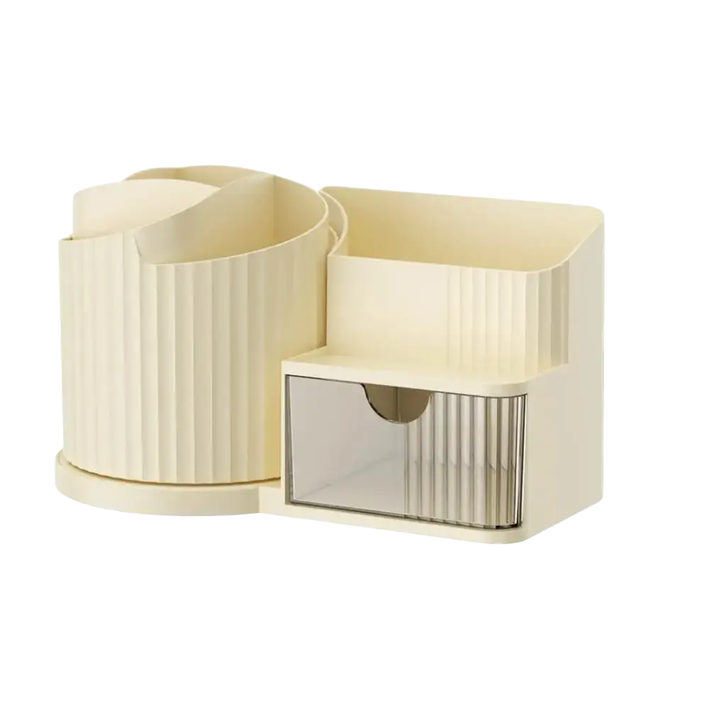Cream-colored plastic large capacity makeup vanity organizer with vertical ribbed texture and a clear drawer