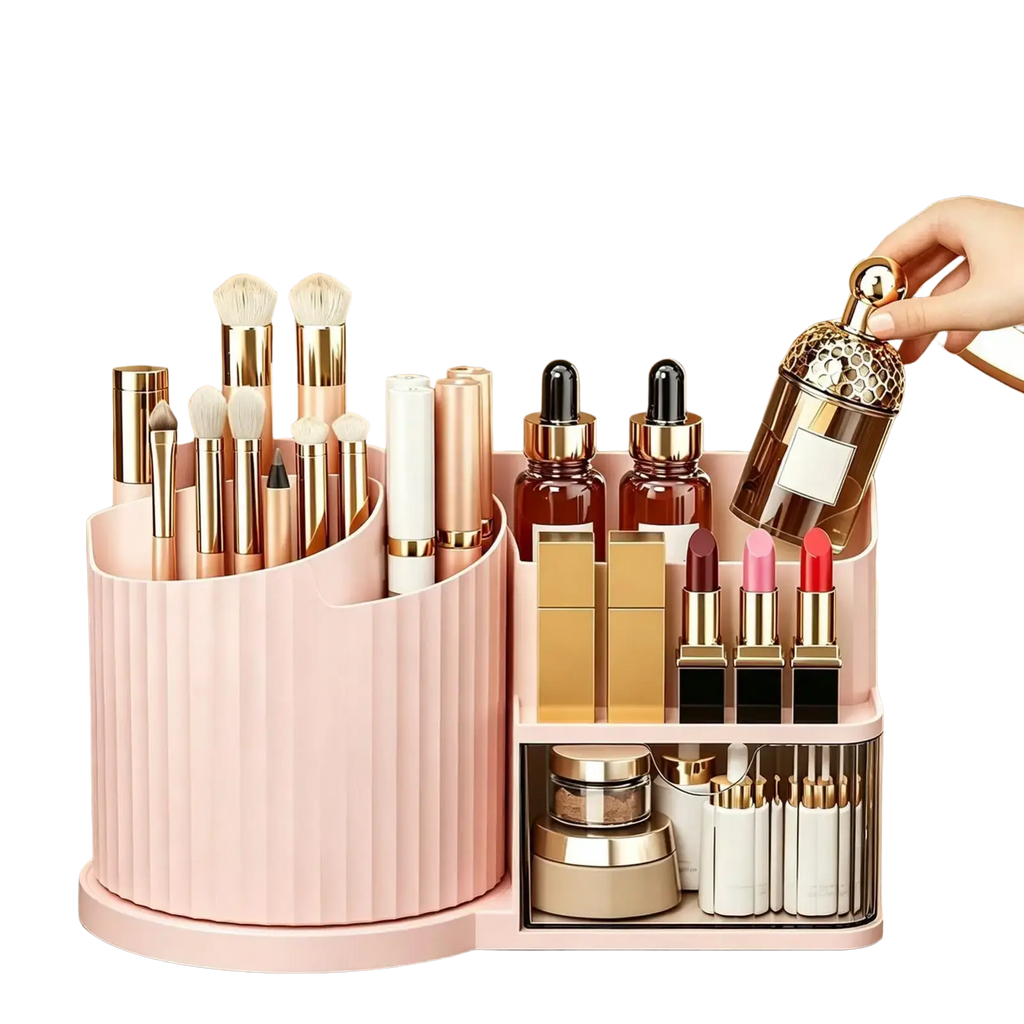 Pink plastic large capacity makeup vanity organizer with vertical ridges and compartments for brushes lipsticks and perfume bottles