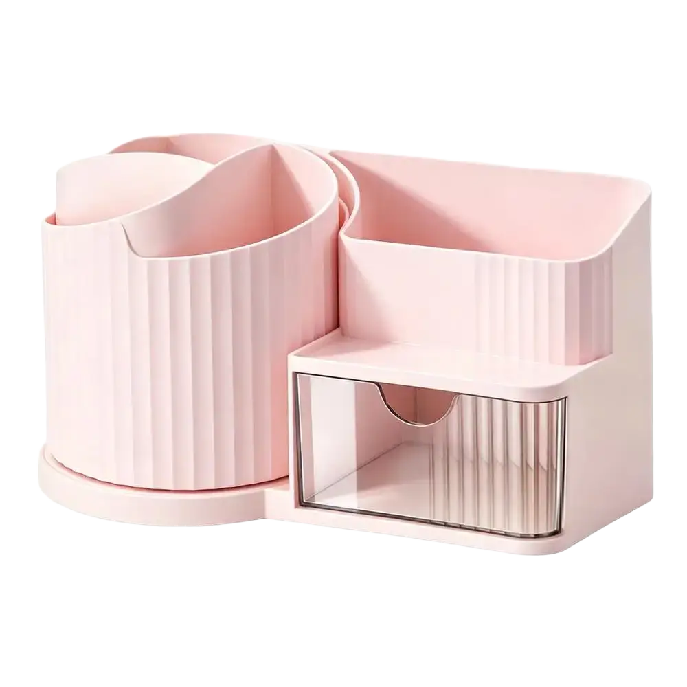 Pink plastic makeup vanity organizer with ribbed texture and clear drawer large capacity makeup organizer