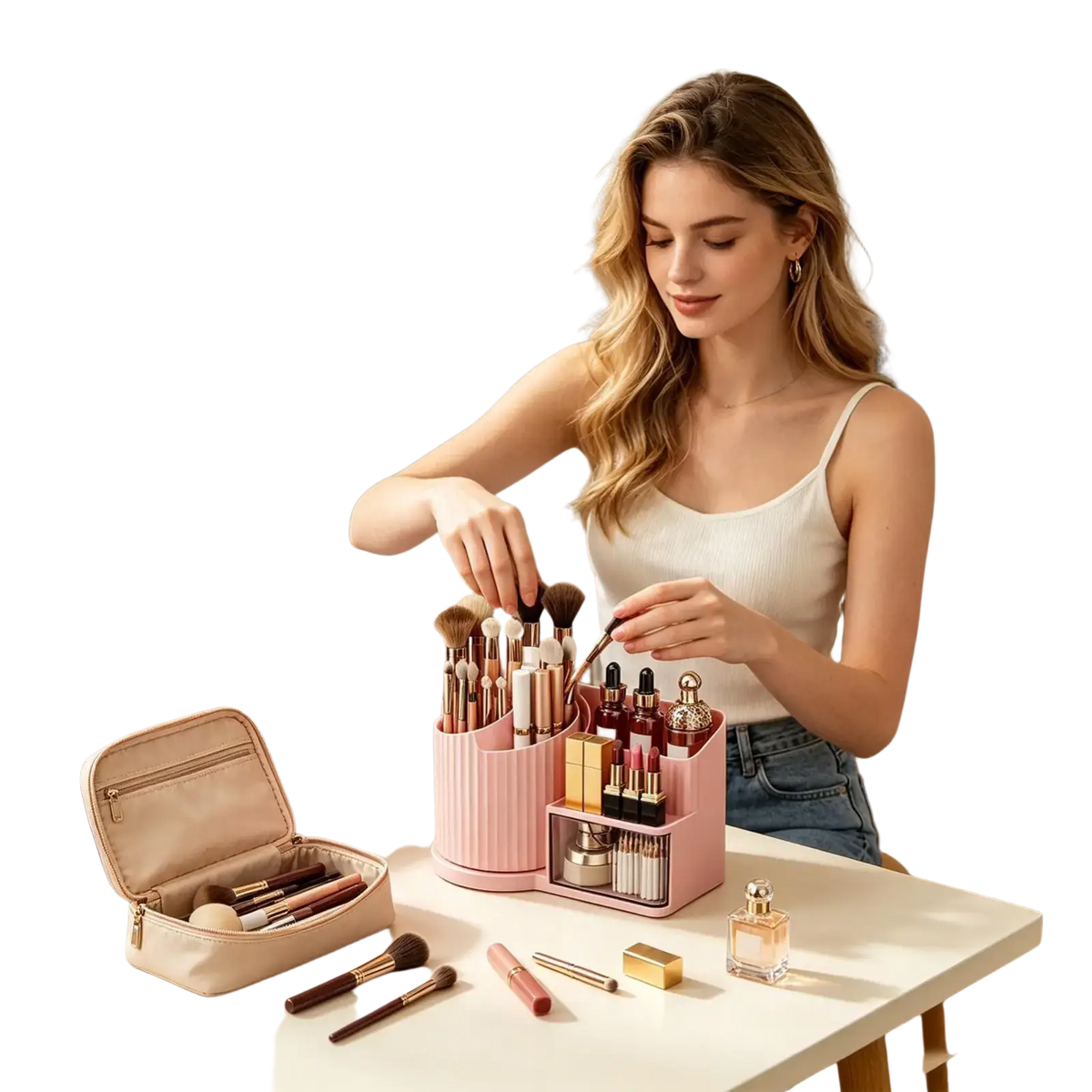 Pink ribbed plastic large capacity makeup vanity organizer with compartments for brushes and cosmetics