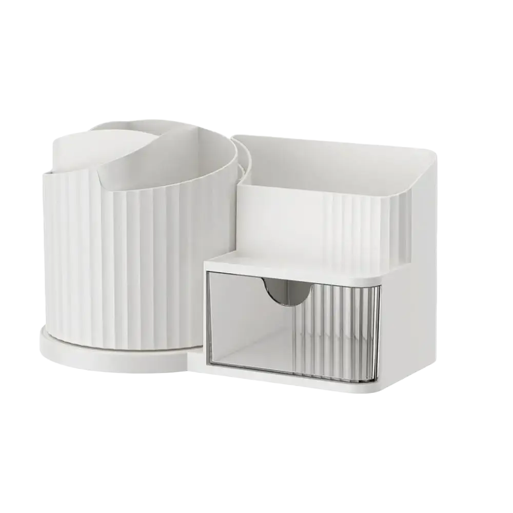 White plastic makeup vanity organizer with ribbed texture, clear drawer, and large capacity for makeup storage