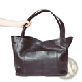 Black oil wax leather tote shoulder bag with large capacity sturdy handles and front pocket for everyday use