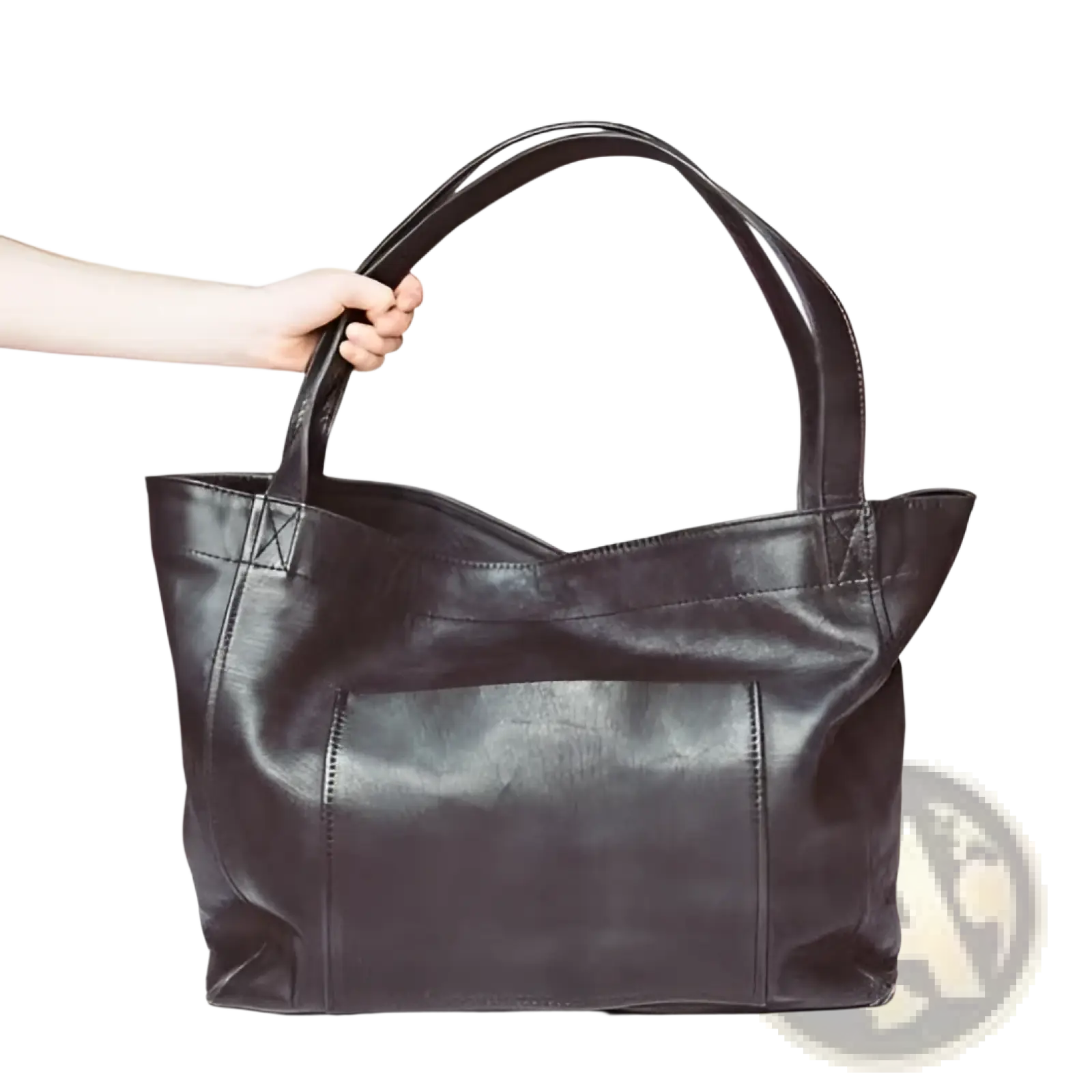 Black oil wax leather tote shoulder bag with large capacity sturdy handles and front pocket for everyday use