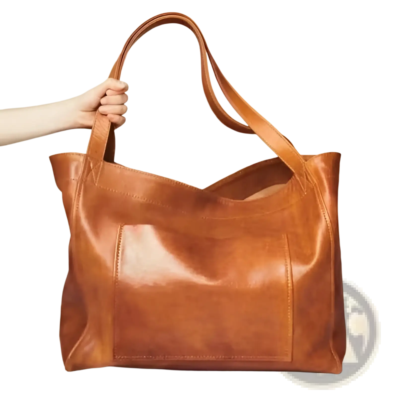 Tan oil wax leather large capacity tote shoulder bag with sturdy handles and visible stitching for durability