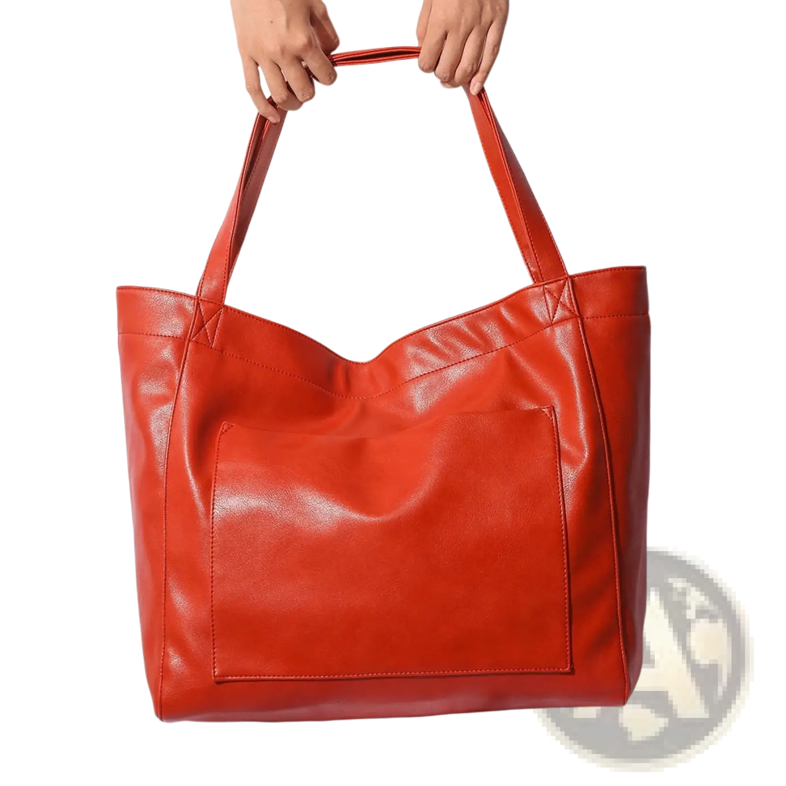 Vibrant red oil wax leather tote shoulder bag with large capacity structured handles and a front pocket