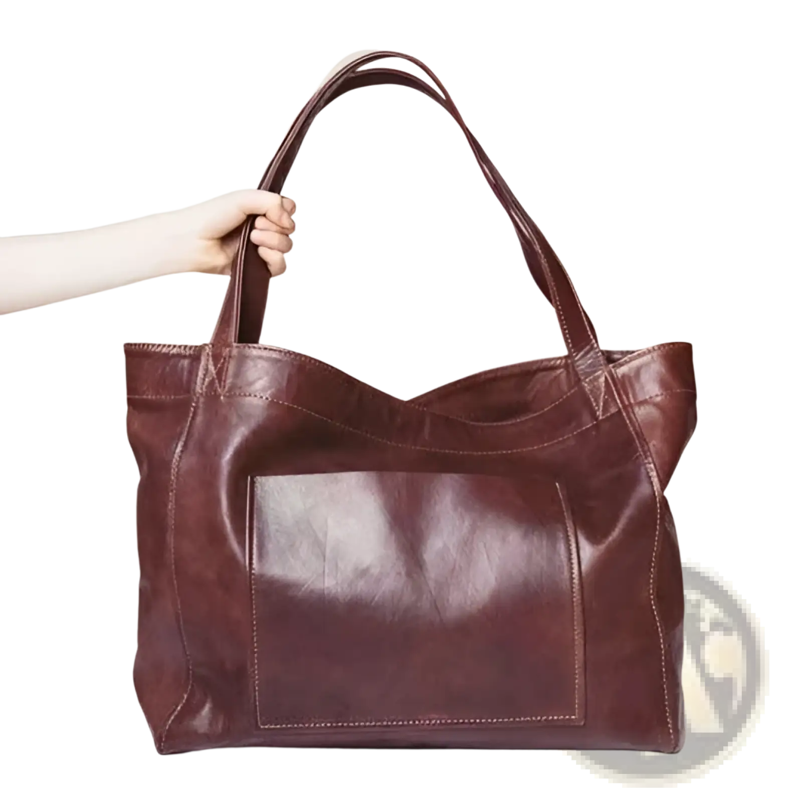 A large capacity oil wax leather tote shoulder bag in rich burgundy with sturdy handles and a front patch pocket