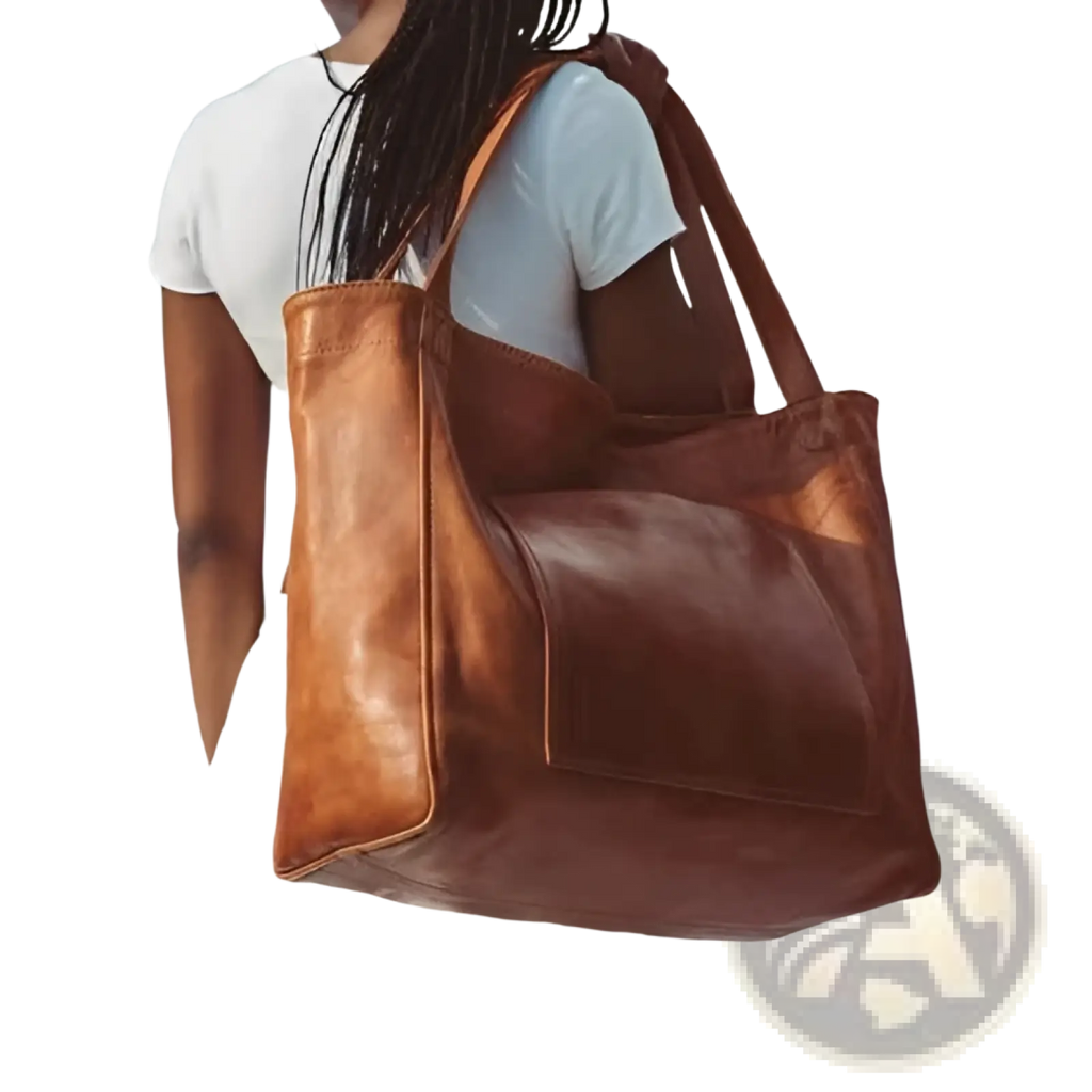 A rich tan oil wax leather tote shoulder bag with large capacity and sturdy handles for versatile use