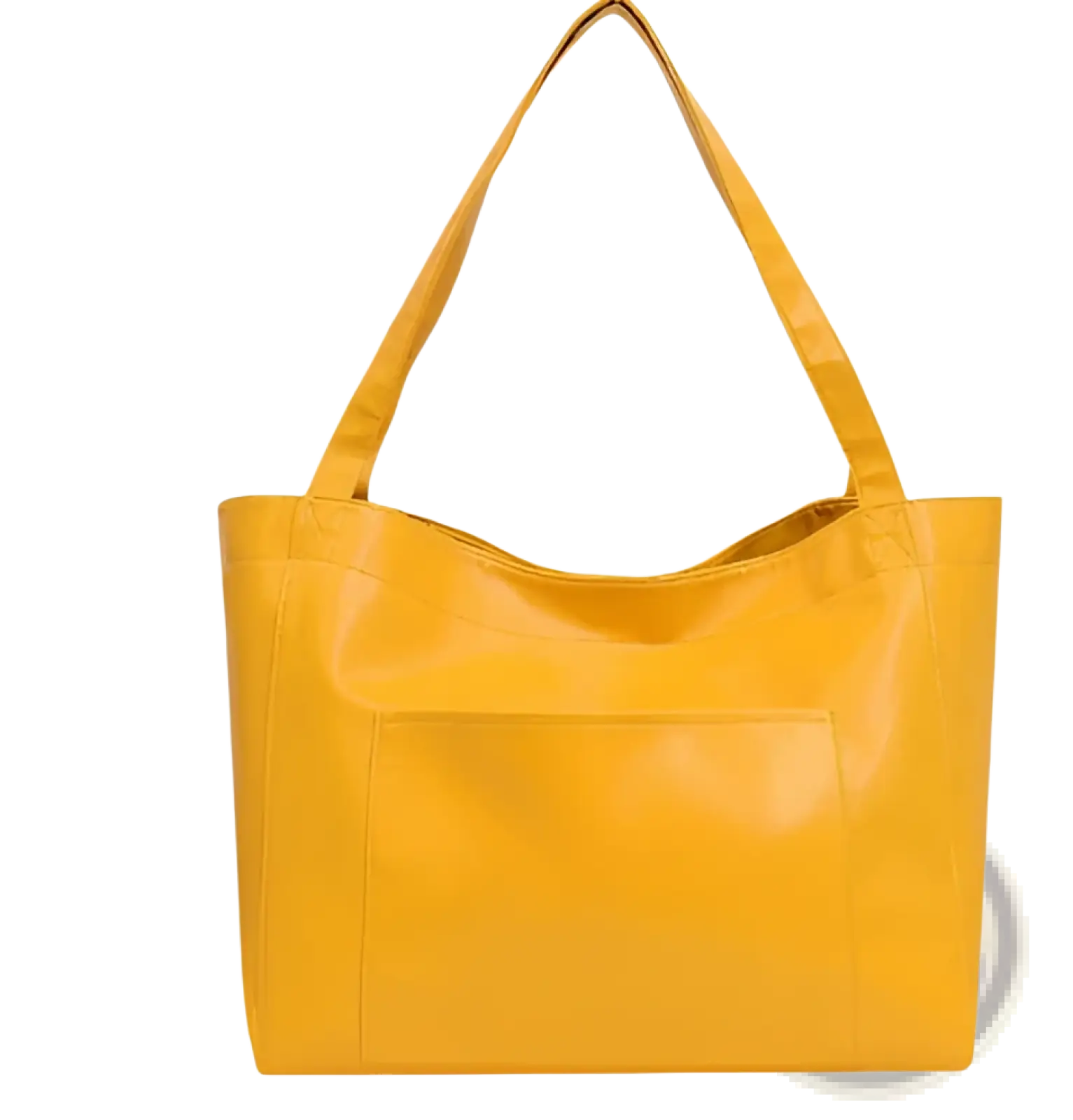 Bright yellow large capacity tote shoulder bag made of smooth glossy oil wax faux leather with two matching handles