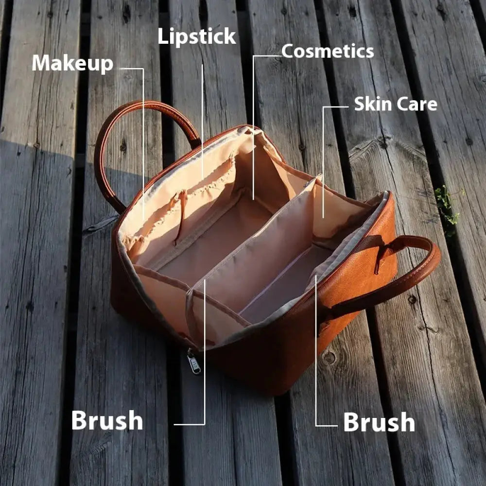 Large tan pu leather travel makeup and toiletry organizer with brown leather compartments labeled for cosmetics and skincare