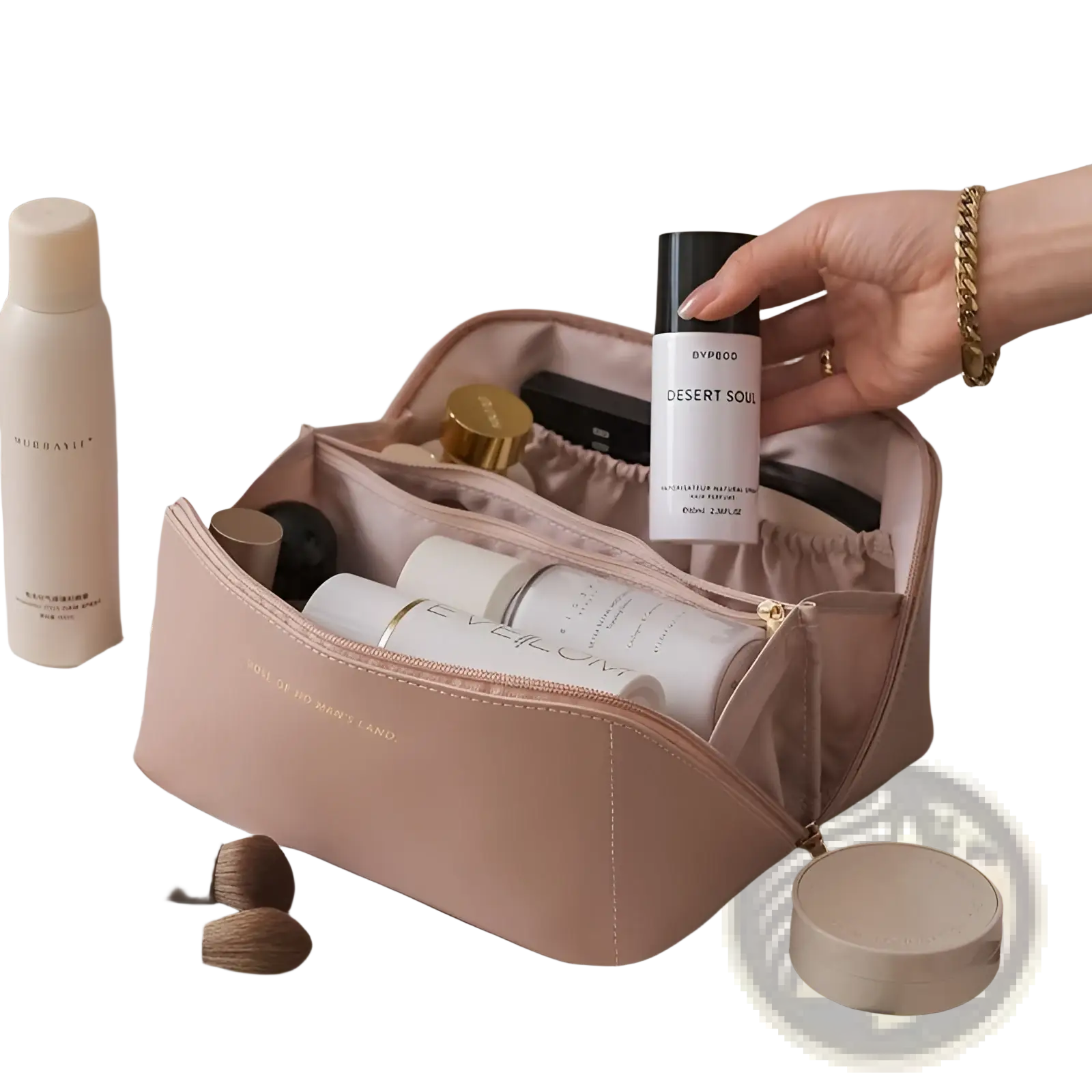 A blush pink large capacity pu leather travel makeup bag with a gold-tone zipper and subtle embossed text