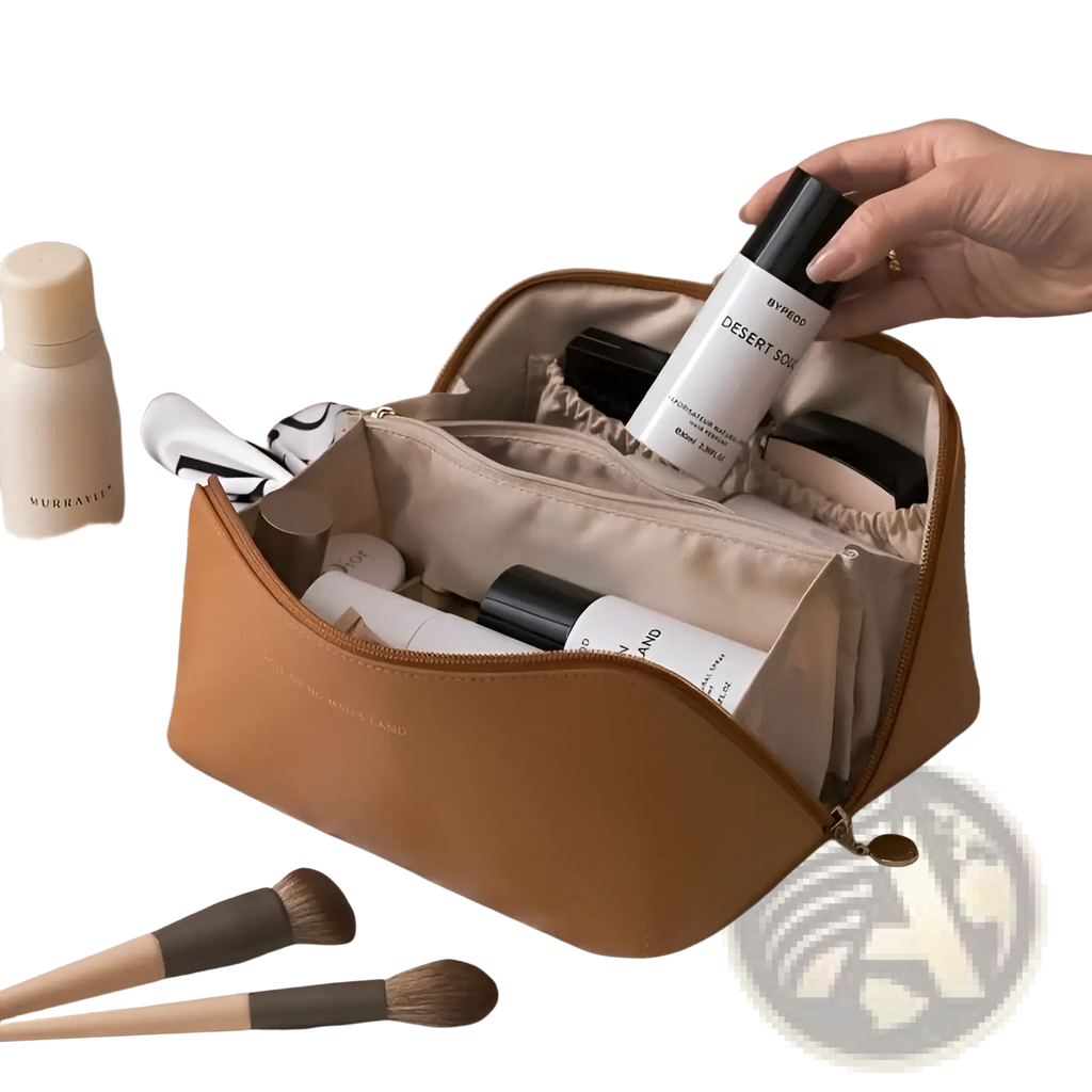 Tan large capacity pu leather travel makeup bag with zipper closure and interior compartments for organized storage