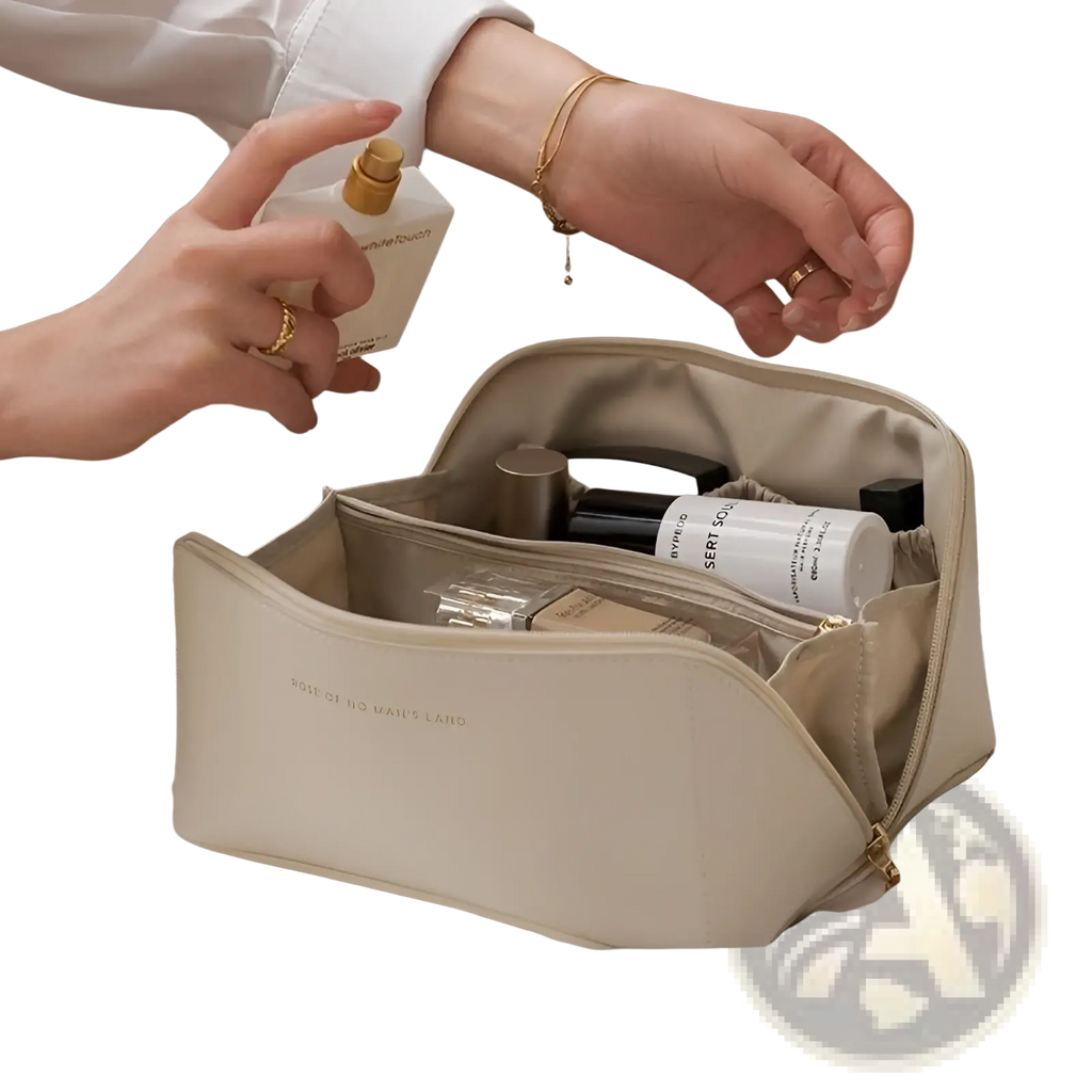 Beige pu leather travel makeup bag with large capacity gold zipper and subtle embossed branding for organized storage