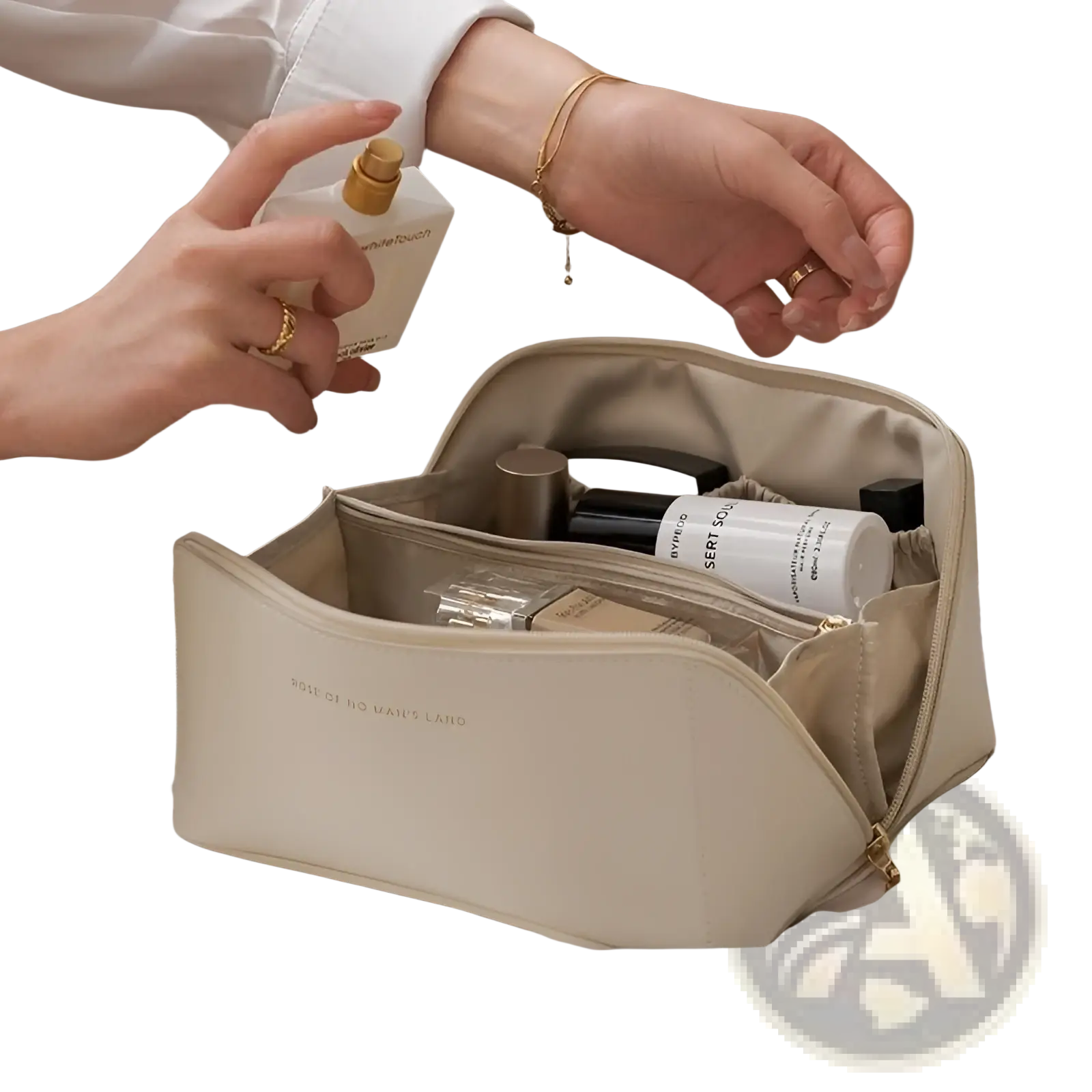 Beige pu leather travel makeup bag with large capacity gold zipper and subtle embossed branding for organized storage