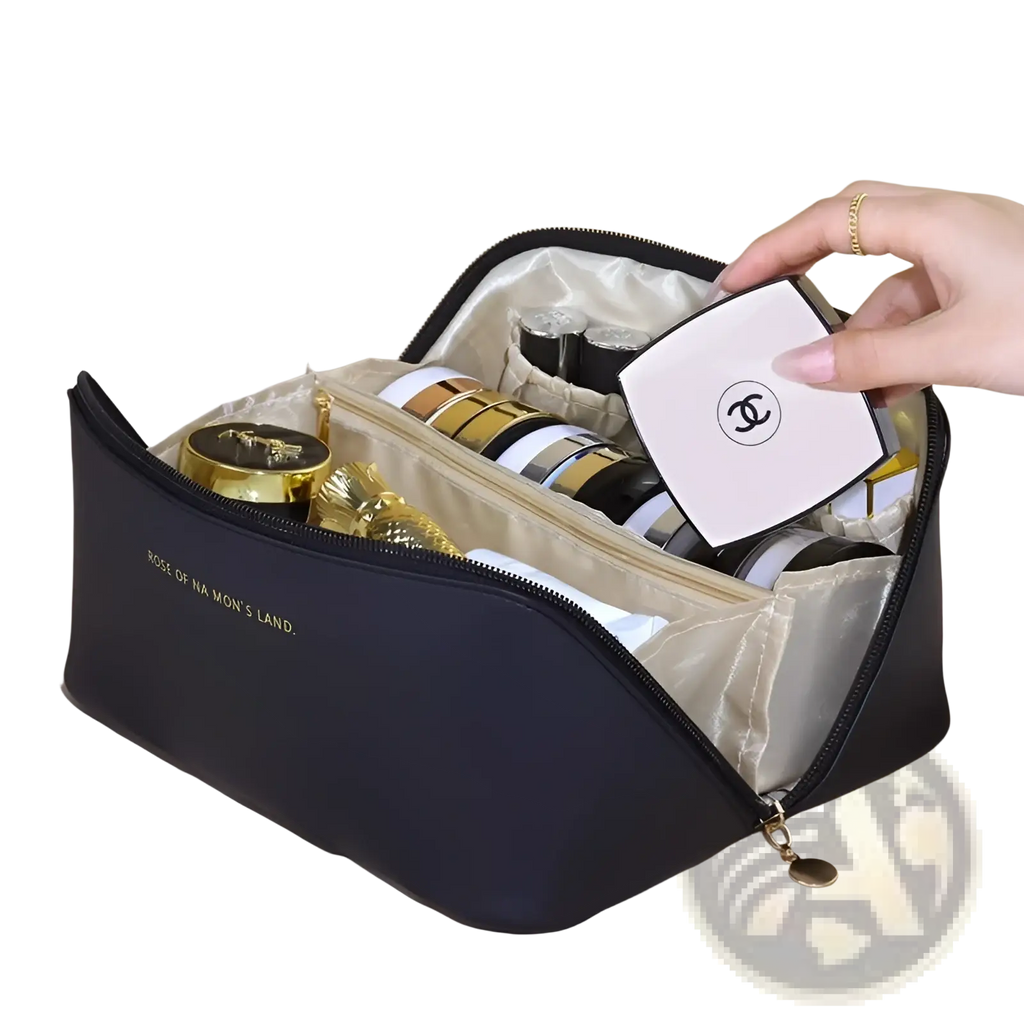 Large capacity black pu leather travel makeup bag with gold zipper interior lining and rose of na mons land text in gold