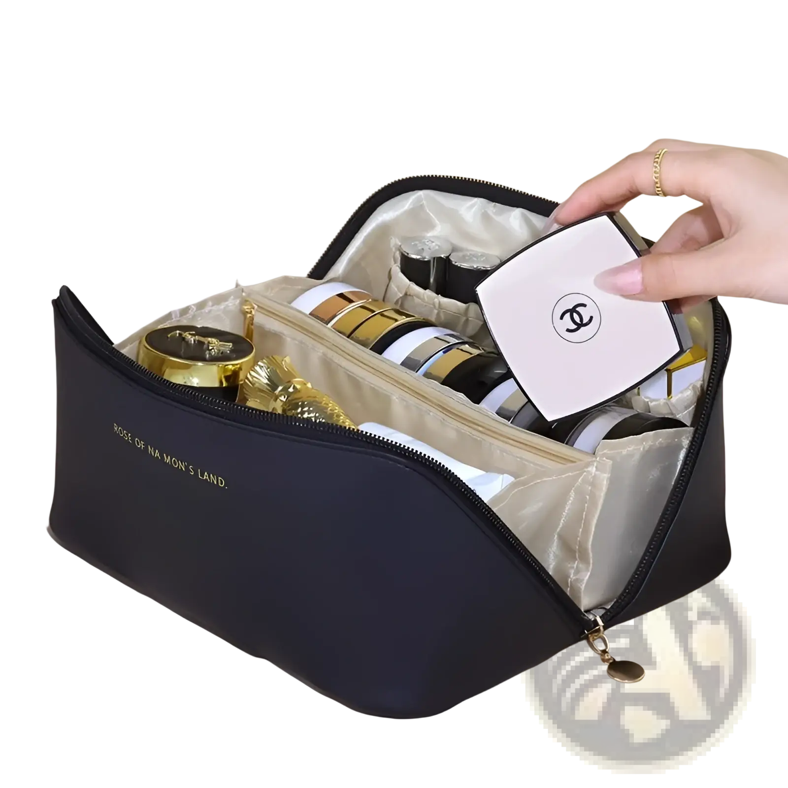 Large capacity black pu leather travel makeup bag with gold zipper interior lining and rose of na mons land text in gold