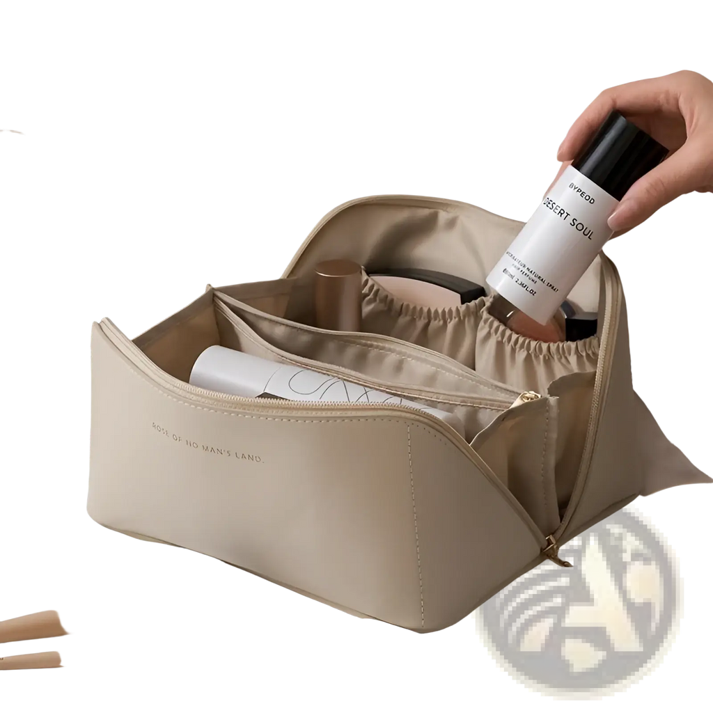 Beige pu leather large capacity travel makeup bag with zippered compartments and subtle gold-tone hardware