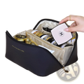 Large capacity black pu leather travel makeup bag with gold zipper and rose of na mons land text in gold