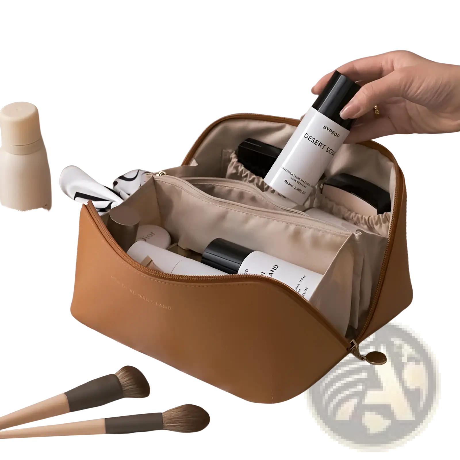 Tan large capacity pu leather travel makeup bag with zipper closure and organized interior compartments