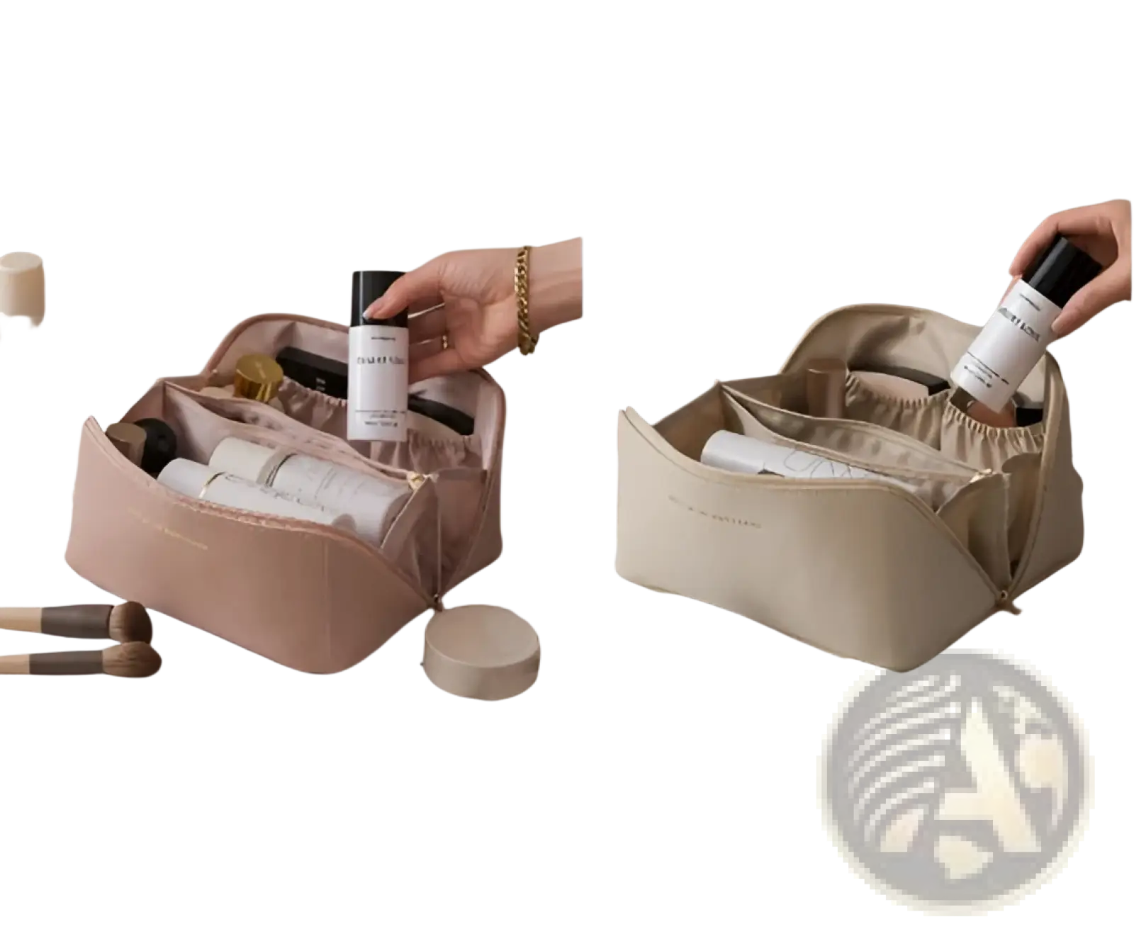 Beige large capacity pu leather travel makeup bag with dual compartments soft fabric lining and zipper closure