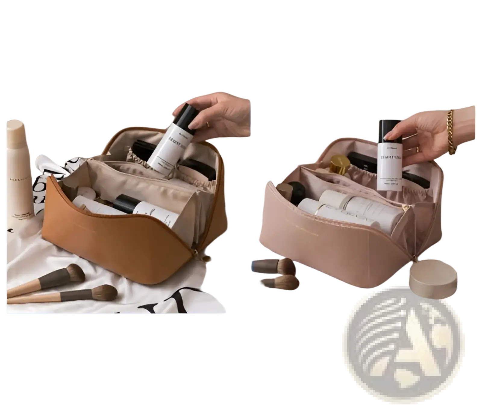 Large capacity tan pu leather travel makeup bag with multiple compartments and zipper closure for organized storage