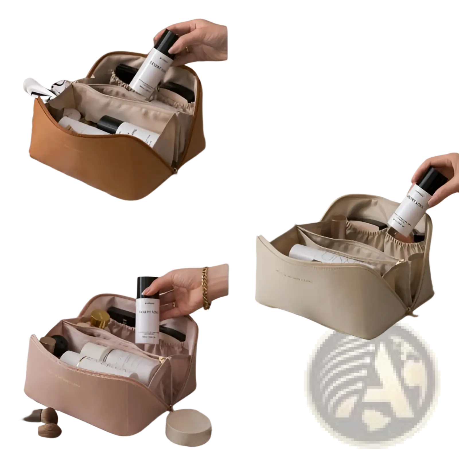 Large capacity beige pu leather travel makeup bag with internal compartments and zipper closure