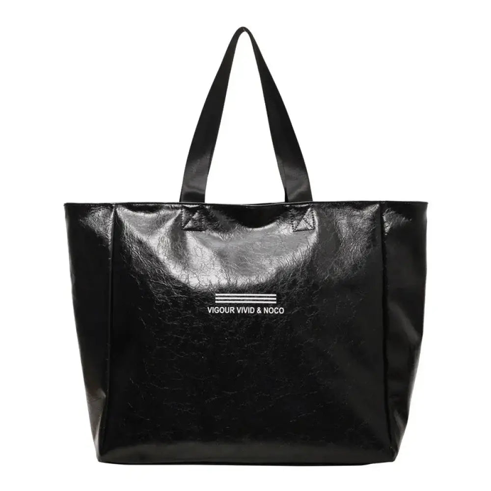 Black glossy large waterproof shoulder tote bag with sleek structured design and contrasting white logo text