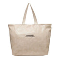 Beige waterproof glossy canvas large shoulder tote bag with black printed logo and three horizontal lines
