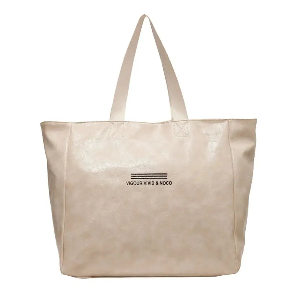 Beige waterproof glossy canvas large shoulder tote bag with black printed logo and three horizontal lines