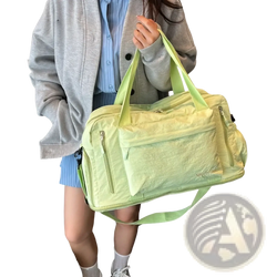Large capacity travel duffel bag gym tote in vibrant lime green with textured fabric and matching shoulder strap
