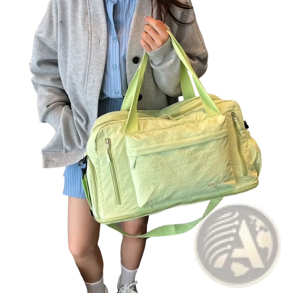 Large capacity travel duffel bag gym tote in vibrant lime green with textured fabric and matching shoulder strap