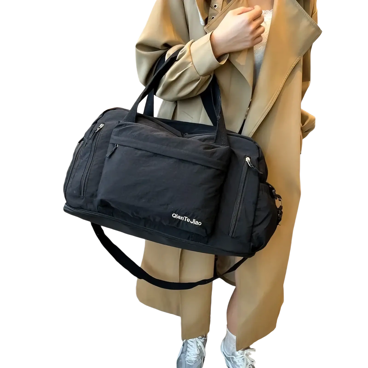 Black qiantieliao large capacity travel duffel bag with multiple zippers and shoulder strap for gym and travel use