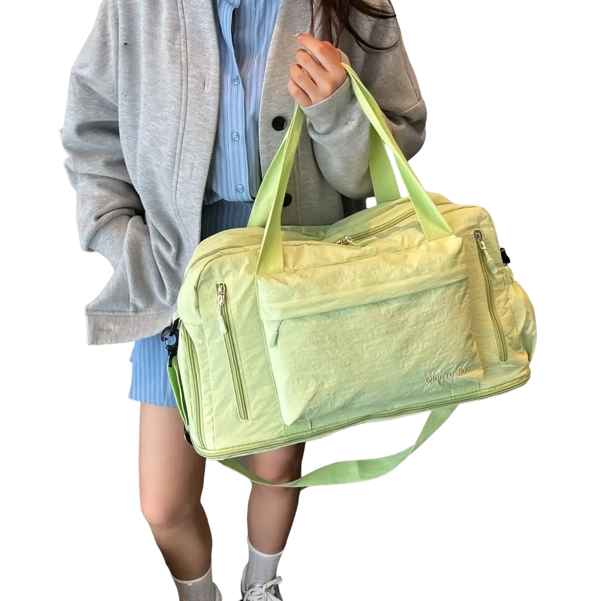 Large capacity travel duffel bag gym tote in vibrant lime green with textured fabric and matching shoulder strap