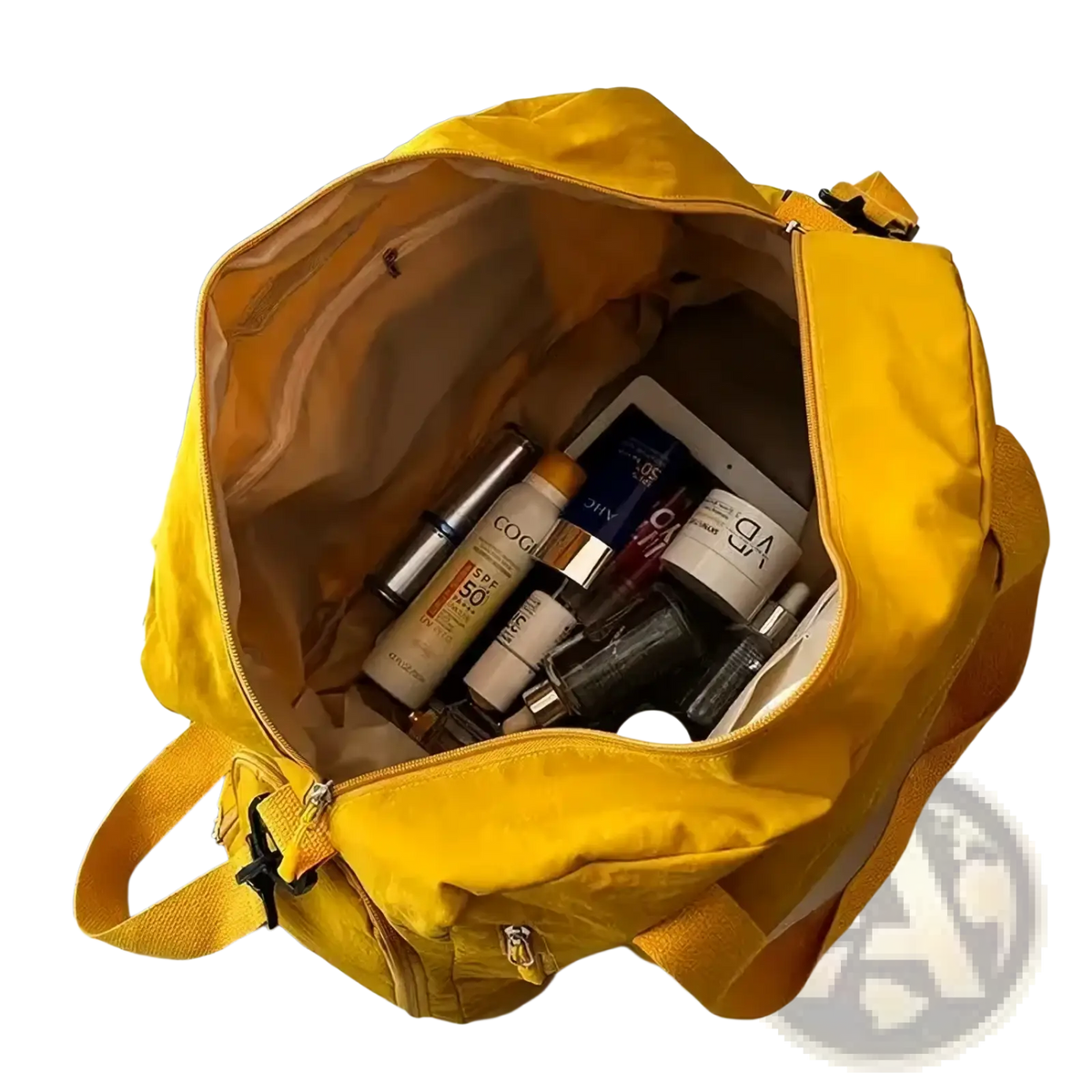 A vibrant yellow nylon large capacity travel duffel bag with zippered opening and matching shoulder straps filled with essentials