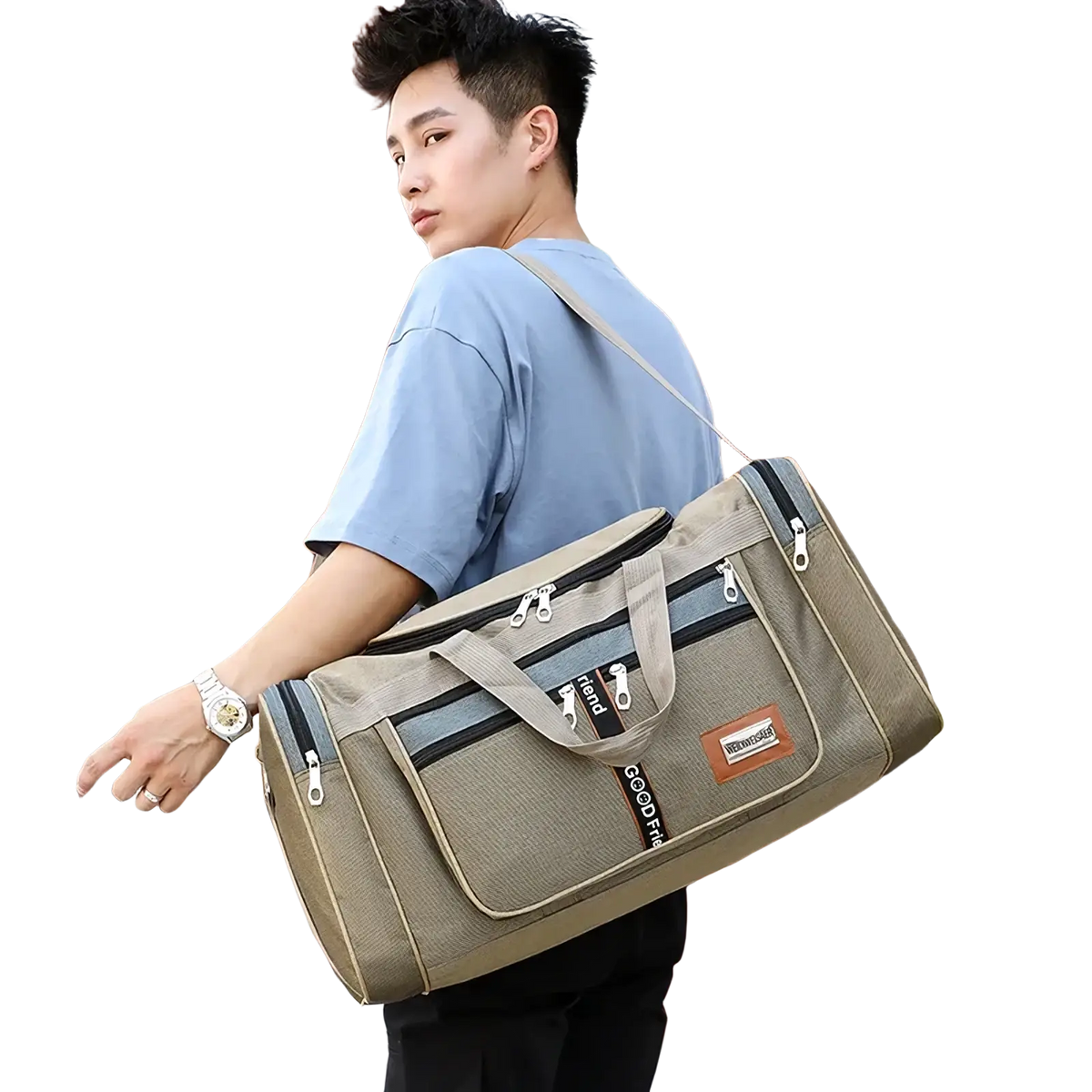 Large capacity beige canvas travel duffle bag for men with black zipper accents and brown leather patch