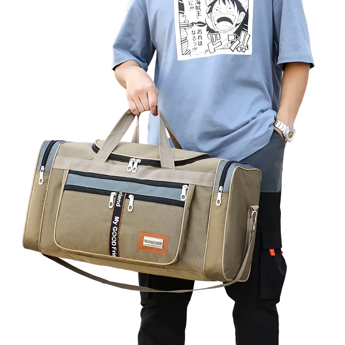 Beige canvas large capacity travel duffle bag for men with gray black accents silver zippers and my good fit branding front pocket
