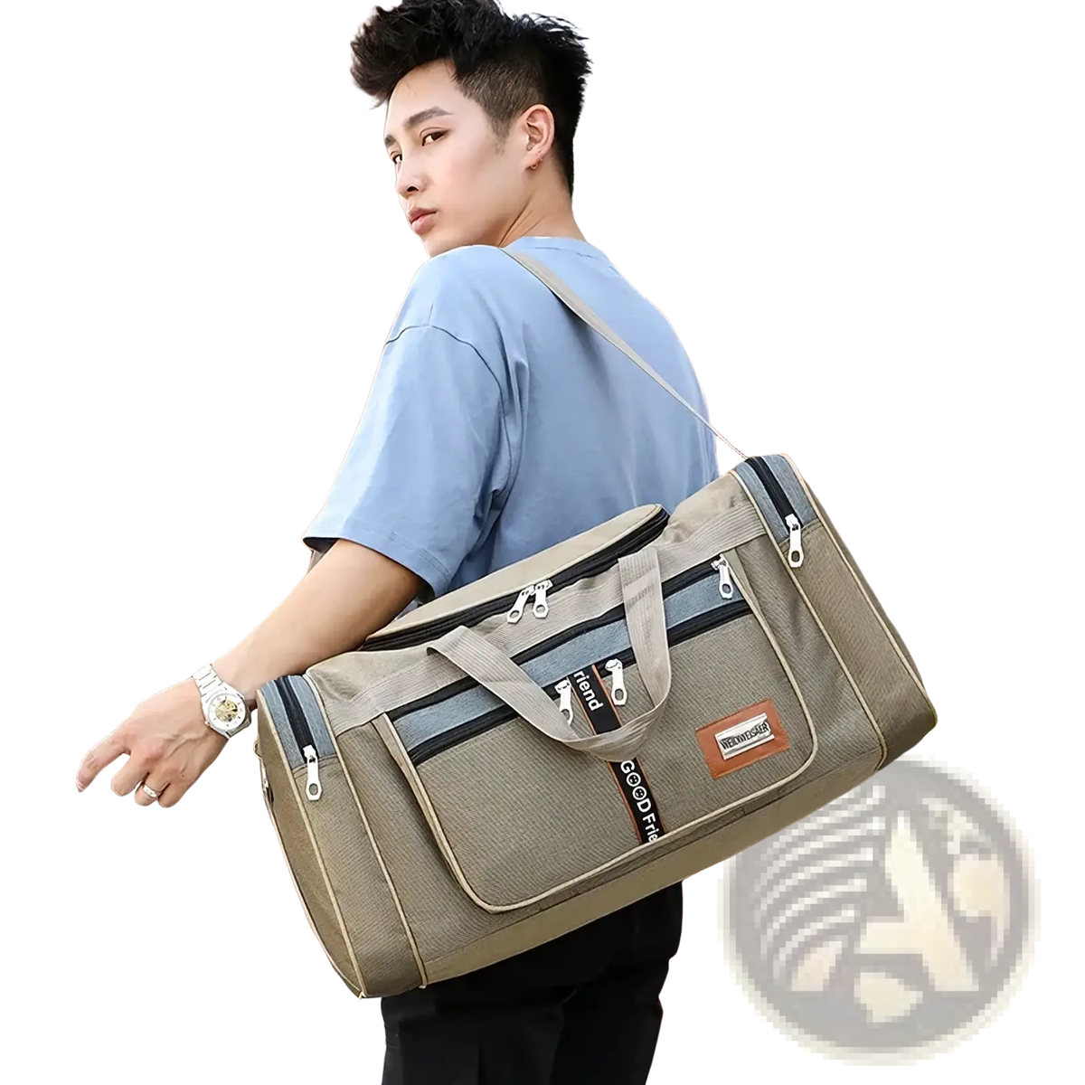 Large capacity beige canvas travel duffle bag for men with black zipper accents and brown leather patch