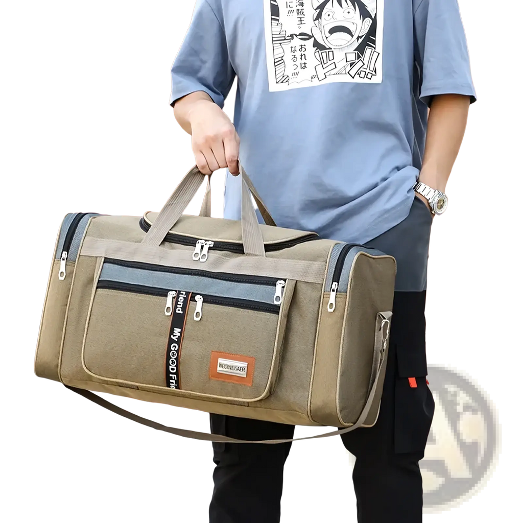 Beige canvas large capacity travel duffle bag for men with gray black accents silver zippers and my good fit branding front pocket