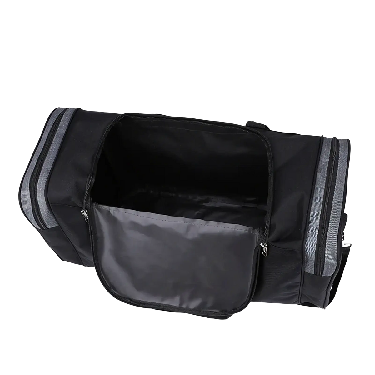 Large capacity travel duffle bag for men in black with gray reflective stripes and a zippered front pocket