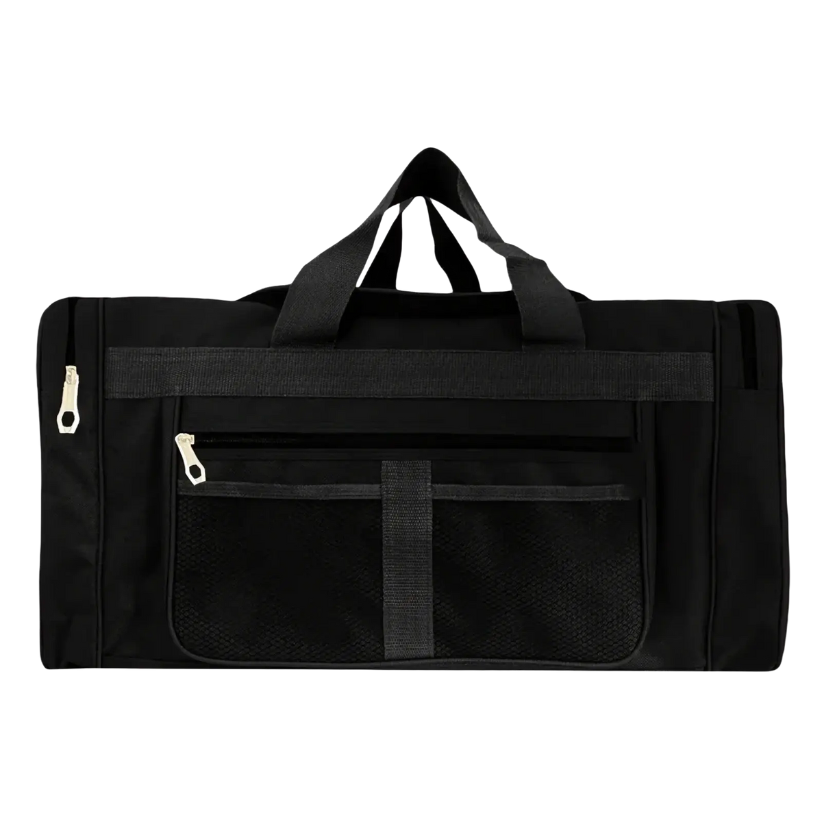 Large capacity black travel duffle bag for men with reinforced handles mesh side pockets and silver toned zippers