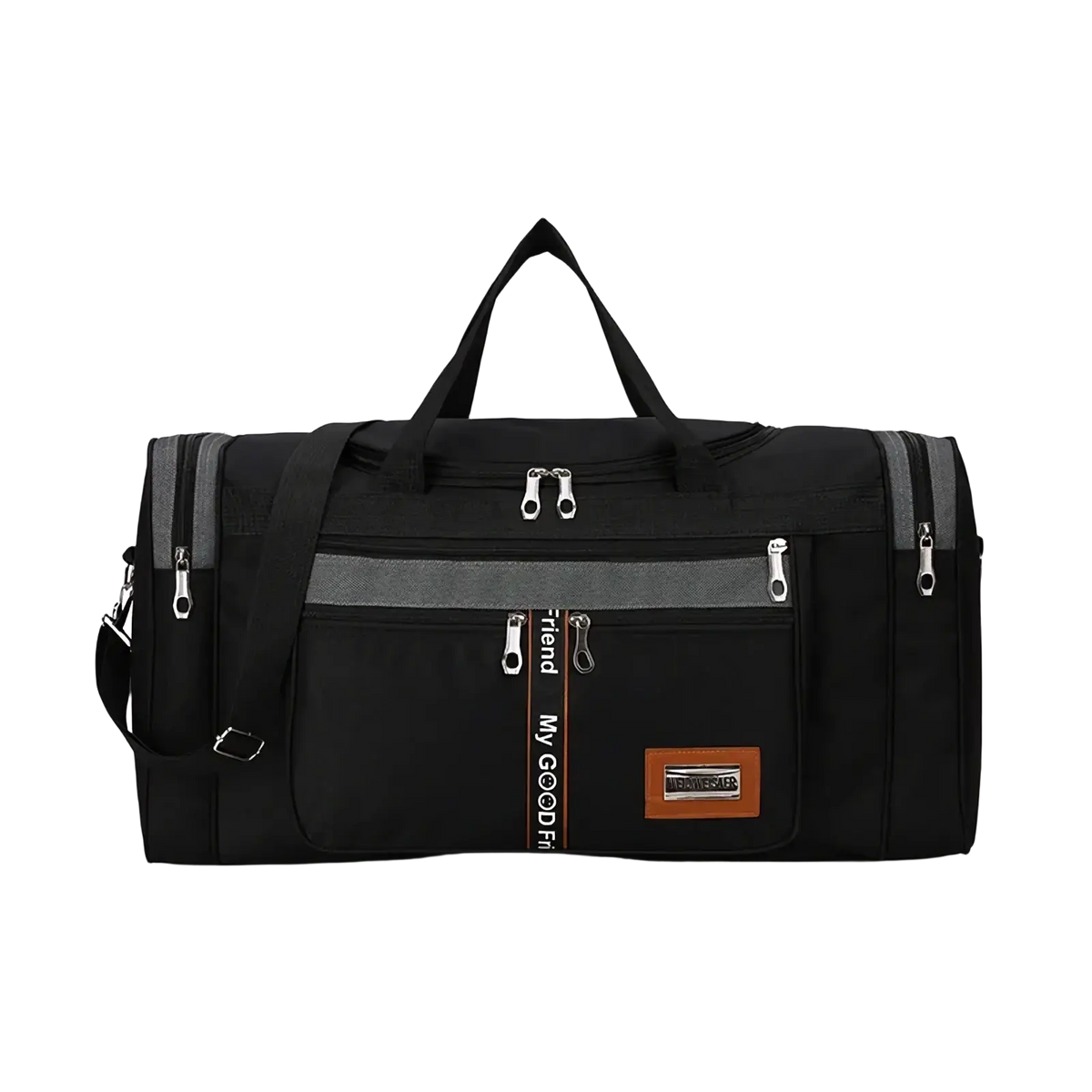 Large capacity travel duffle bag for men in black with gray accents silver zippers and brown leather-like patch on front